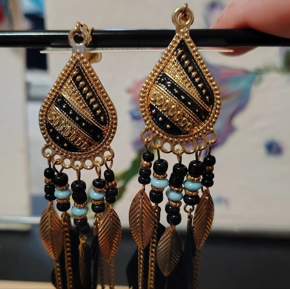 Gold Boho Chandelier Earrings w/ Black Feathers & Beads
